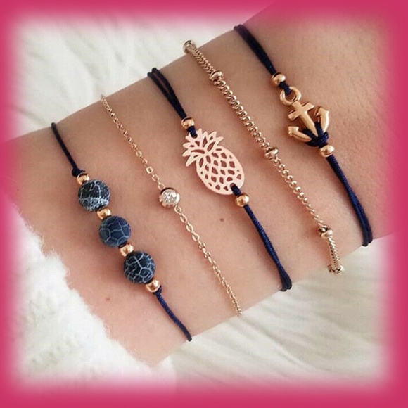 5 separate pieces -  gold color bracelet set - pineapple, beads, anchor and more - Picture 3 of 4